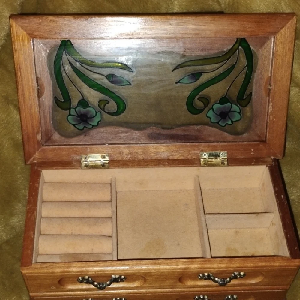 Vintage Stained Glass Wooden Jewelry Organizer with Drawers